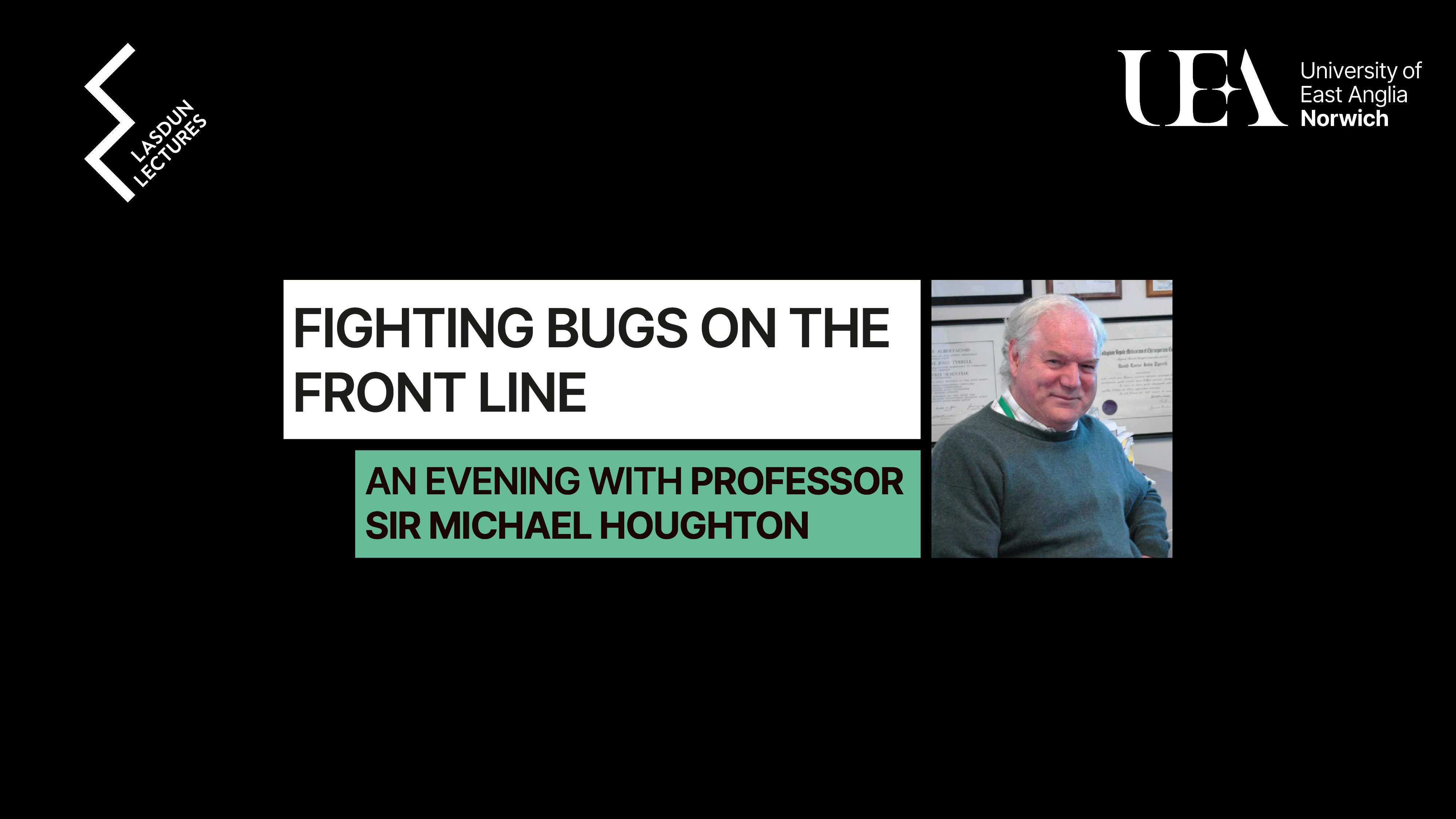 Michael Houghton Headshot against Lasdun Lecture logos